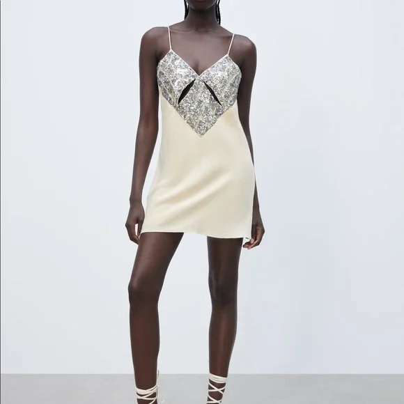 ZARA SATIN MINI DRESS BEIGE-PINK STRAPPY V-NECK - Picture 13 of 13